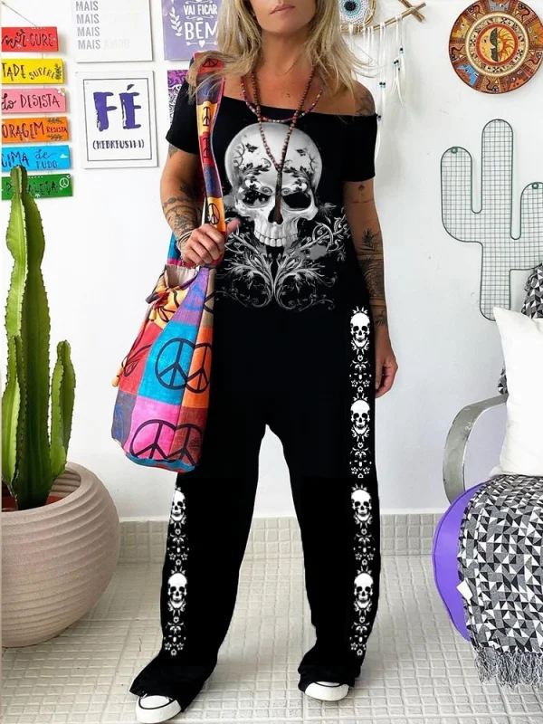 Punk skeleton rose print casual jumpsuit