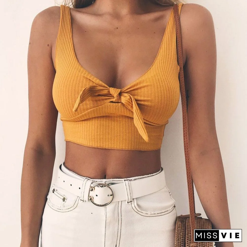 Ribbed Bow Tie Camisole Tank Tops Women Summer Basic Crop Top Streetwear Fashion Cool Girls Cropped Tees Camis