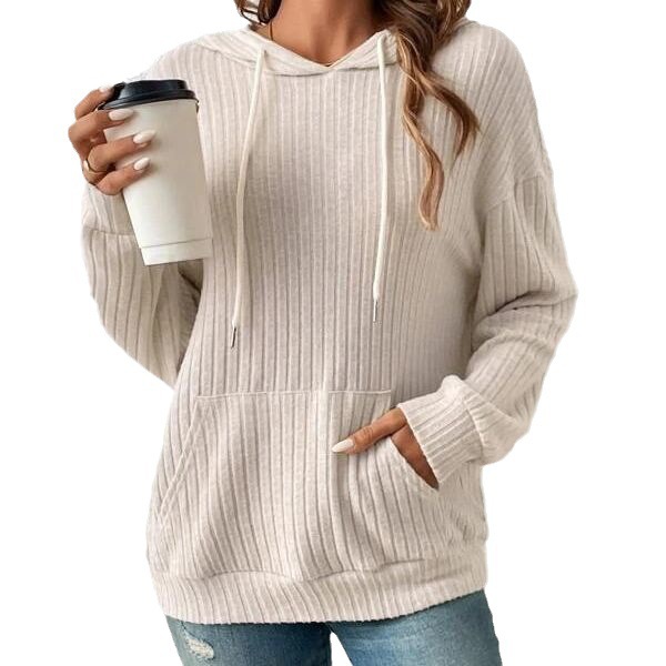 Mature Women Fashion Drawstring Long-sleeved Hooded Sweatshirt With Pockets