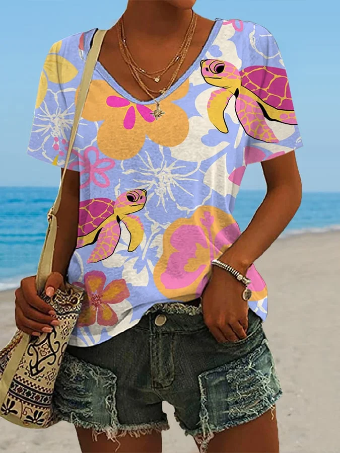 🔥Buy 3 Get 10% Off🔥Women's Hawaiian Turtle Print Casual V-Neck T-Shirt