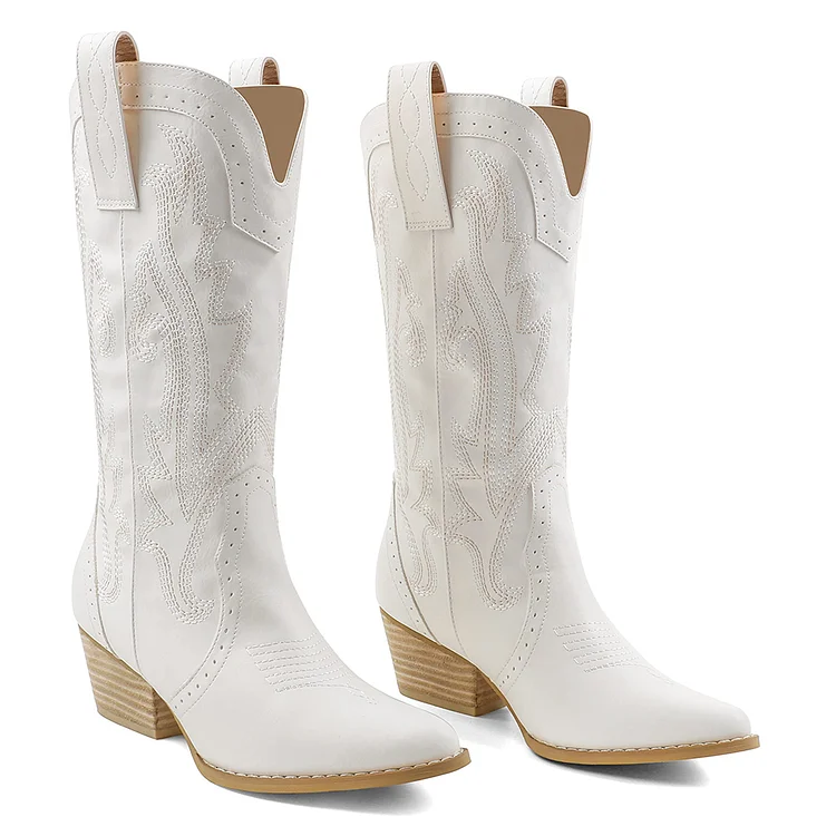 60mm Women Mid-calf Cowboy Boots Pointy Toe Boots Embroidered Western Cowgirl Boots Chunky Heels VOCOSI VOCOSI