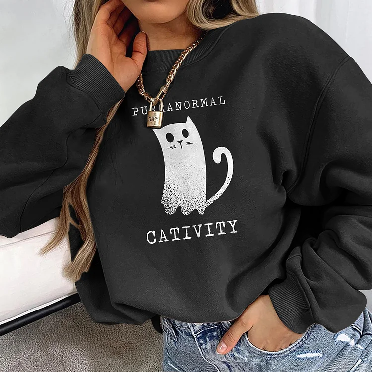 Vefave Long Sleeve Ghost Cat Print Sweatshirt