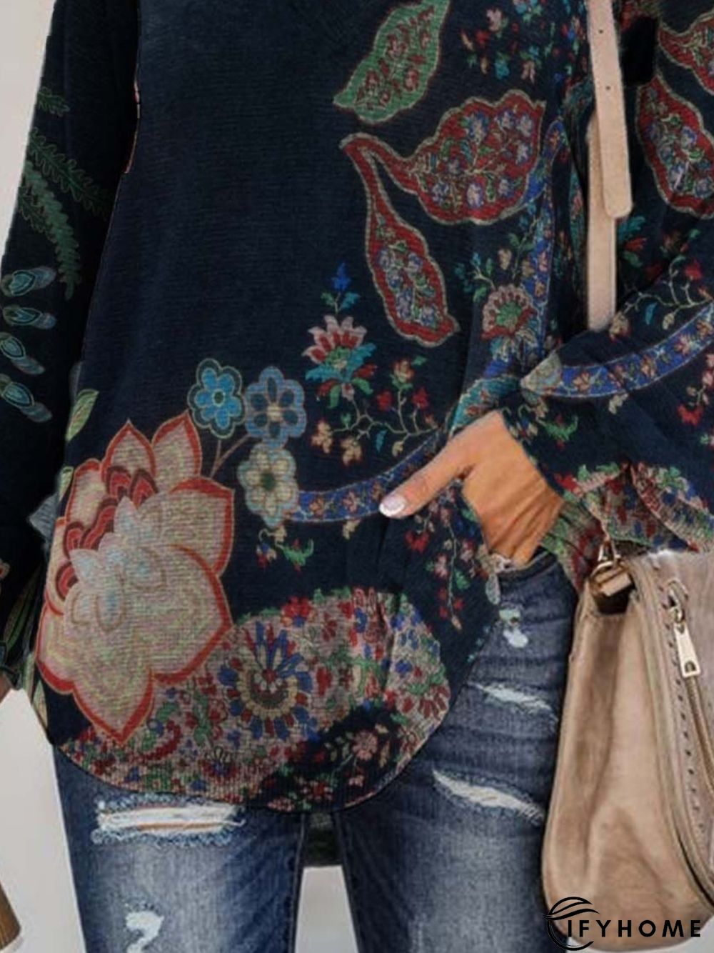 Casual Long Sleeve V Neck Printed Tunic Top | IFYHOME