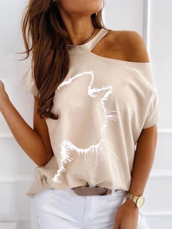 Women Short Sleeve Cold Shoulder Printed Graphic Loose Top