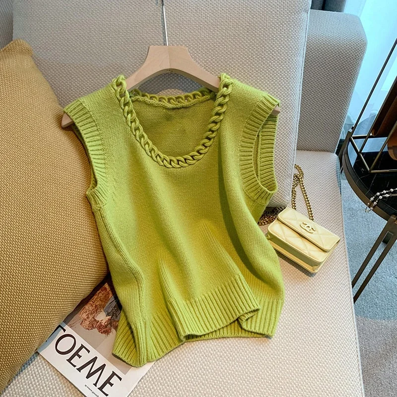 huibahe Chic Knitted Sweater Vest Women Sleeveless Round Neck Ladies Fashion Pullover Top Elegant Vintage Ladies Women's Vests