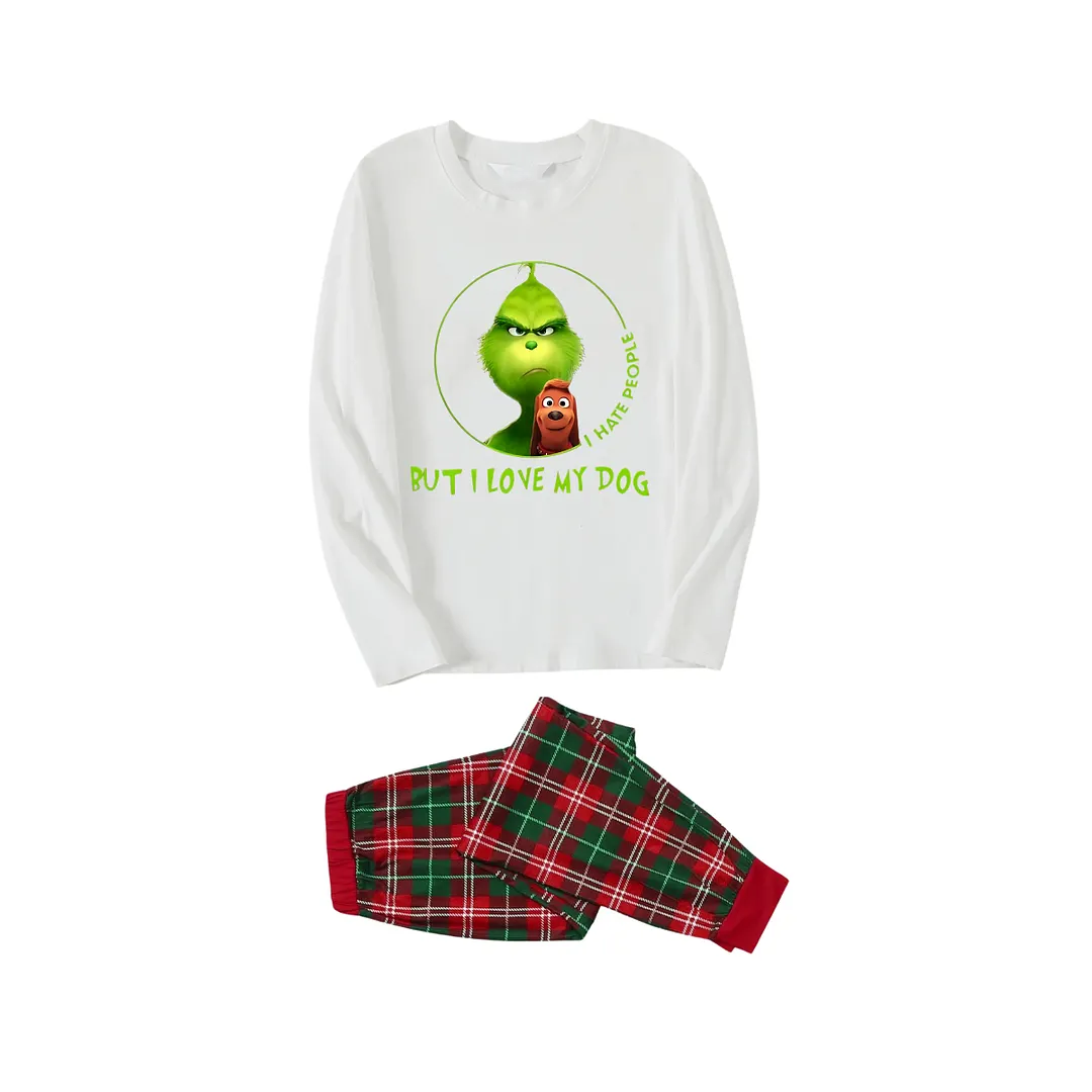 Cartoon Pattern and "I hate people but I love my dog" Text Printed Red & Green Plaid Family Matching Pajamas
