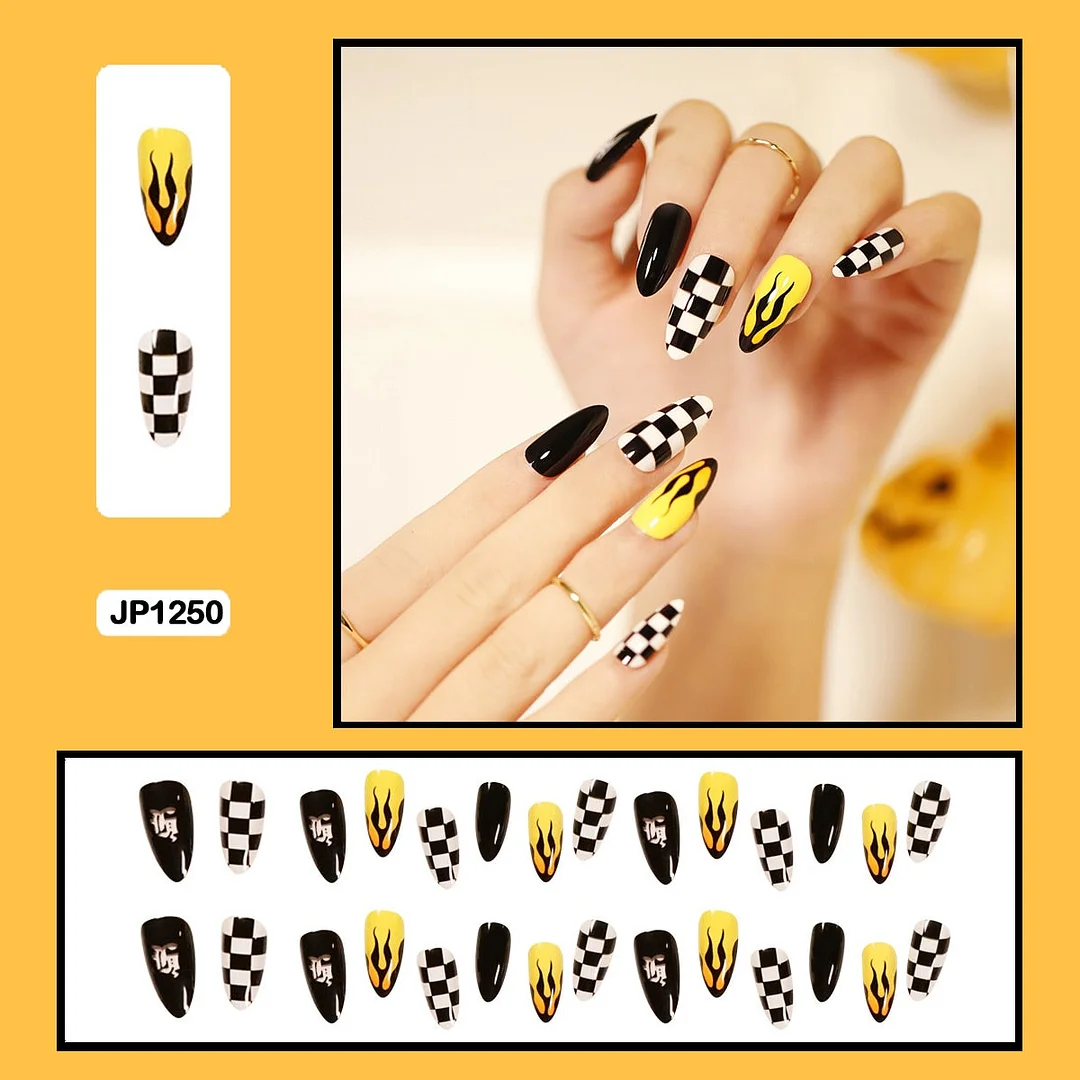 24PCS Dark Punk False Nails with Glue Gradient Long Detachable Fire Stick on Nails Skull Flame  Art DIY Fashion Manicure Tool-Nail Inspo