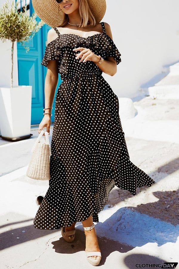 Dot Ruffles Off Shoulder Irregularity Maxi Dress
