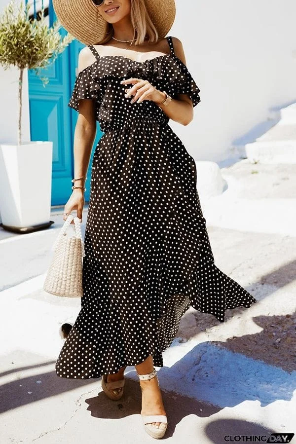Dot Ruffles Off Shoulder Irregularity Maxi Dress