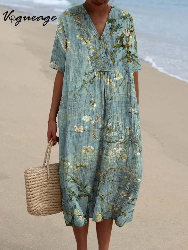 Colorful Oil Painting Floral Print Cotton And Linen Dress