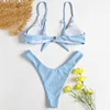 ZAFUL 2019 New Arrival Ribbed Knotted Swim Bra with Thong Bottoms Swimsuit Bathing Suit Sexy Bikini Set Beachwear Biquini