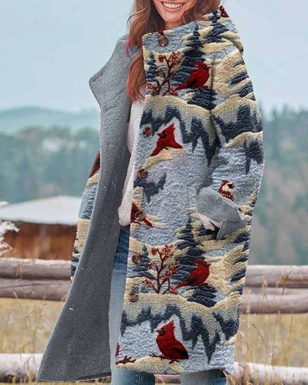 Vintage Winter Cardinal Print Hooded Casual Jacket