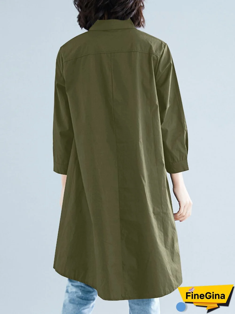 Solid Button High-Low Hem Lapel Loose Casual Shirt