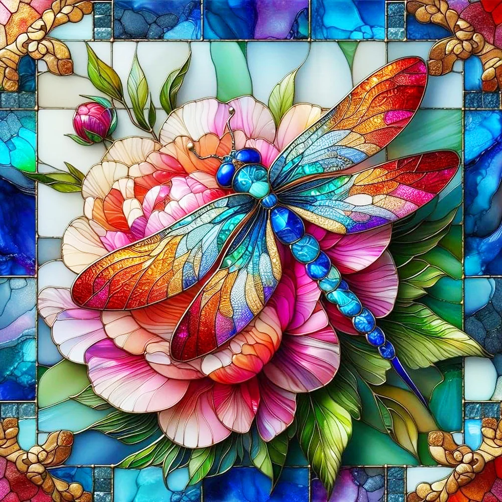 Full Round Diamond Painting - Stained Glass Dragonfly Flower(Canvas|40*40cm)
