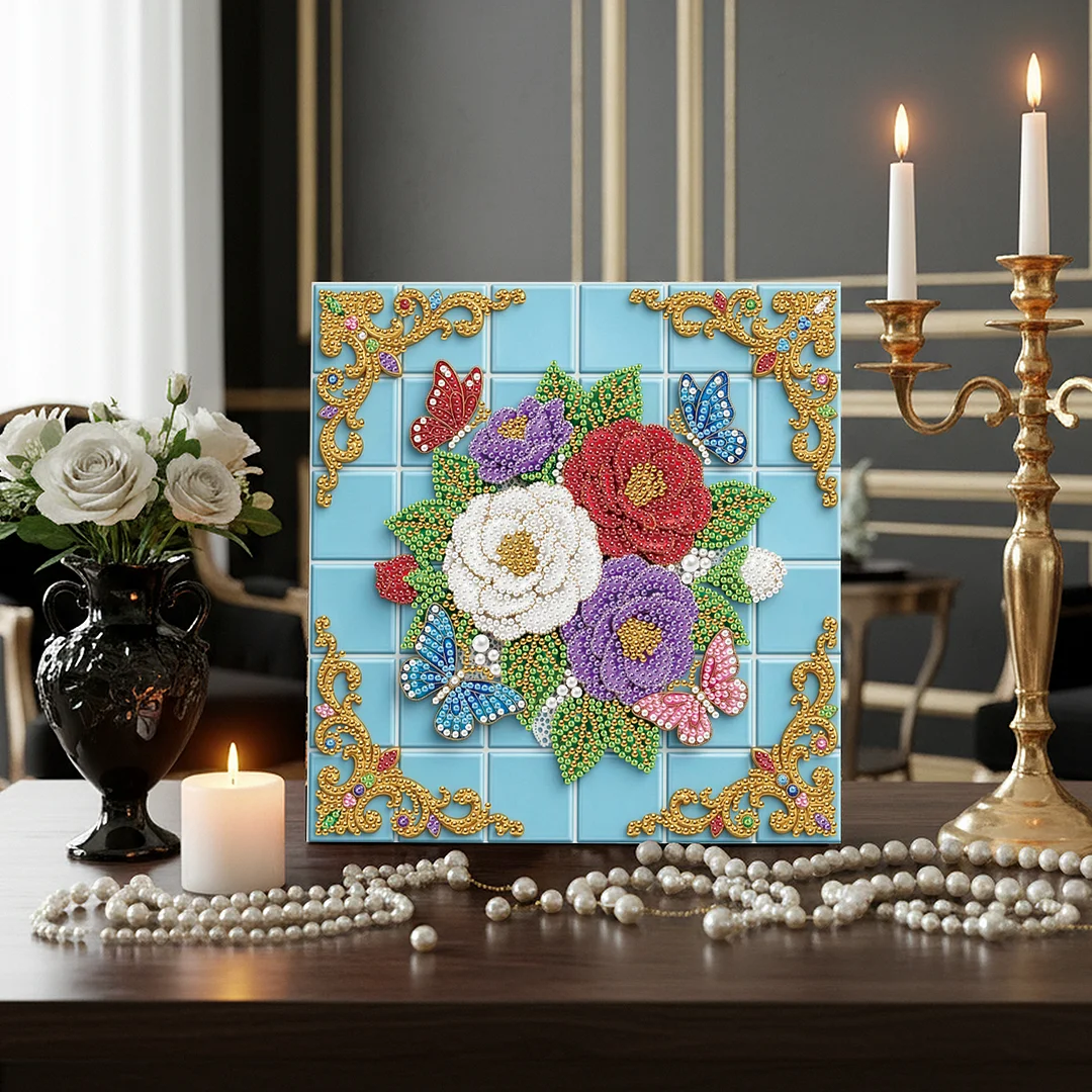 Butterfly Flowers - DIY Pearl Diamond Art Kit With Frame 25*25cm