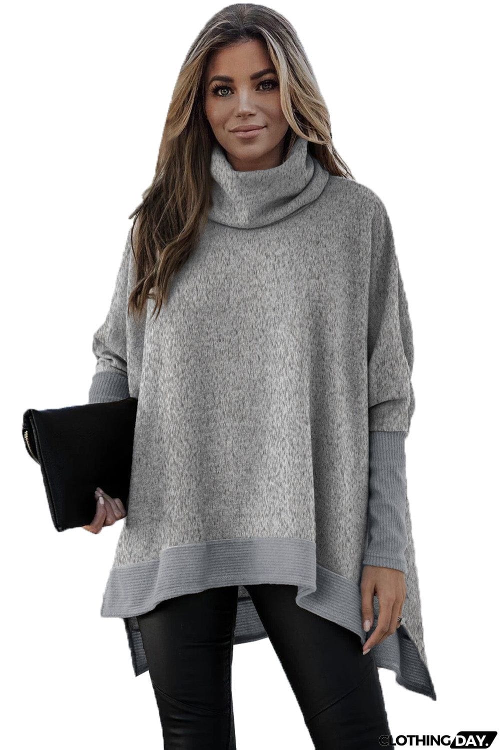 Turtleneck Bat Sleeve Side Slit Tunic Top
