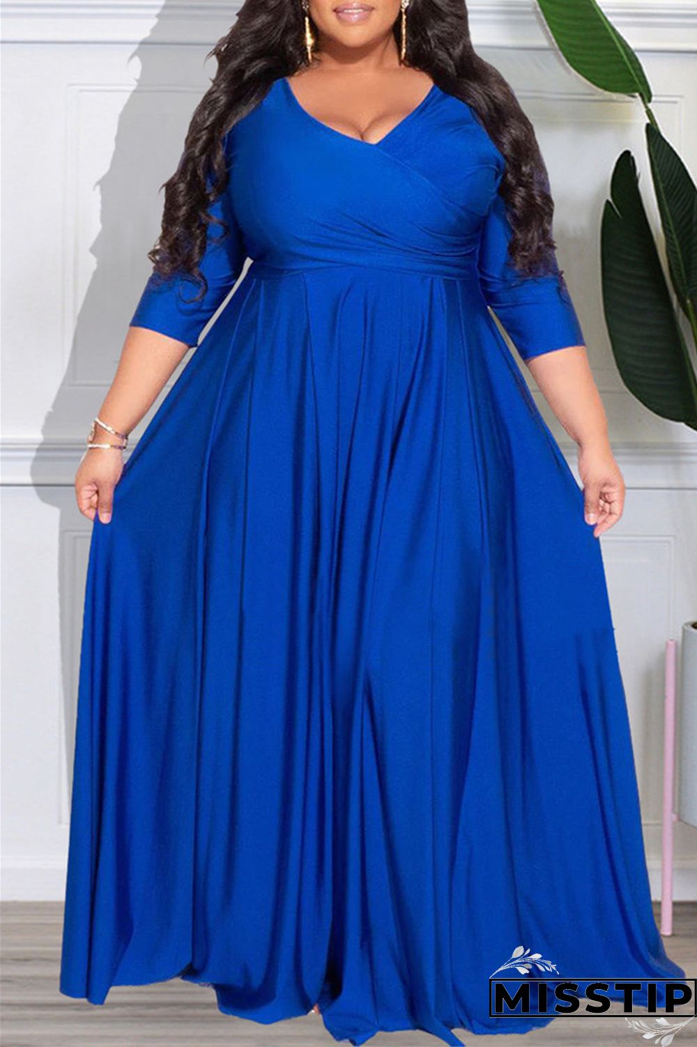 Dark Purple Casual Solid Patchwork V Neck Long Sleeve Plus Size Dresses