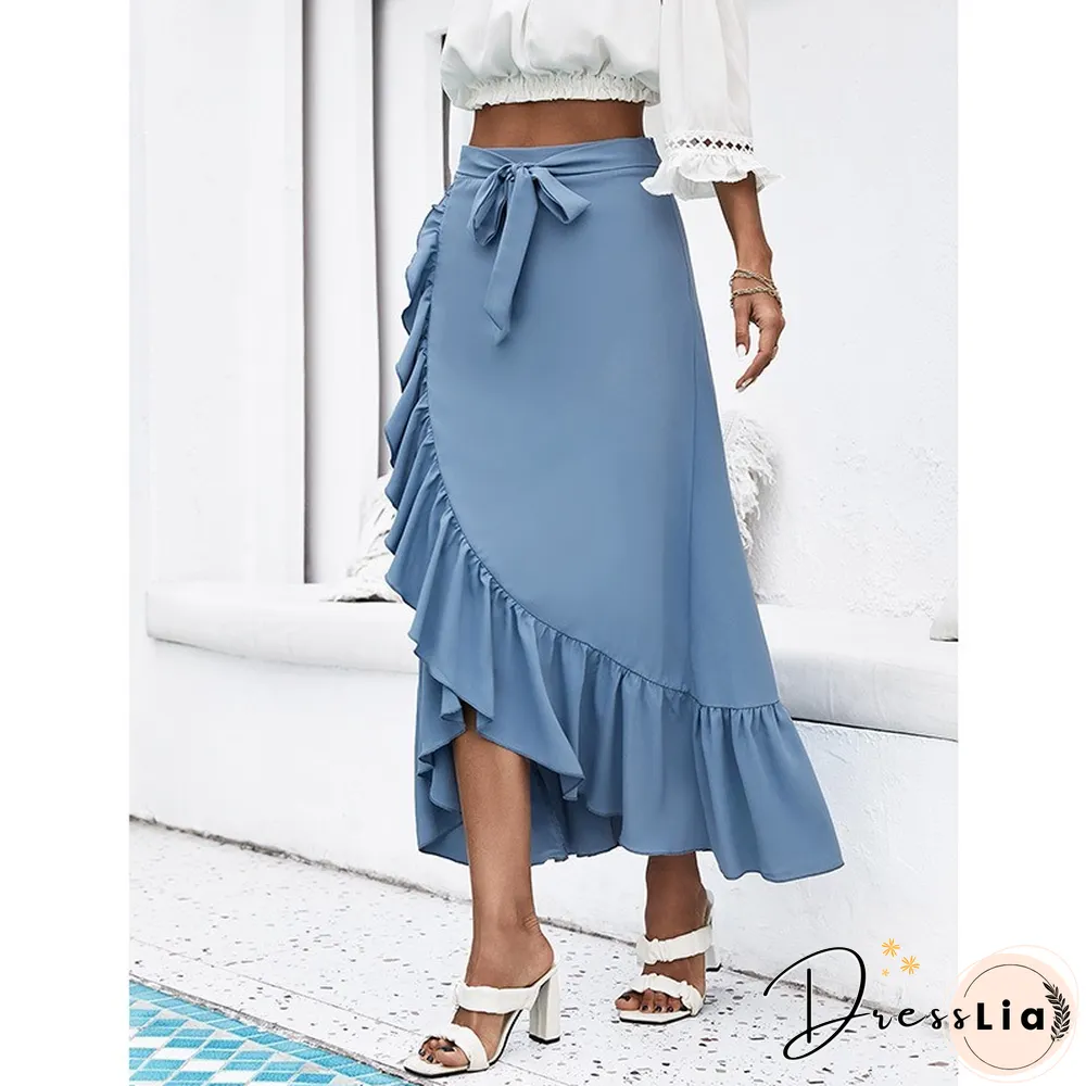 Womens Clothing Skirts Blue Solid Color Spring Autumn Skinny Skirt Lace High Waist Ruffle