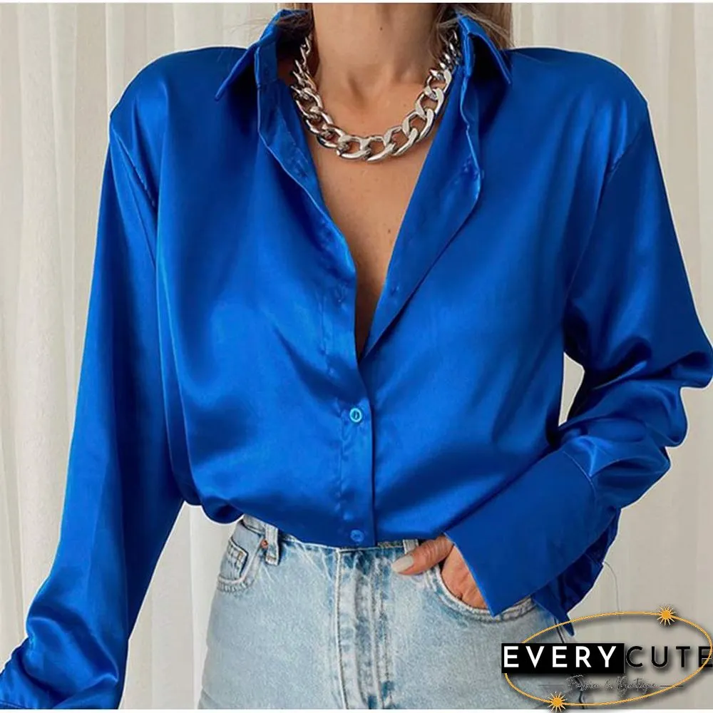Women Elegant Satin Solid Long Sleeve Blouses Female Spring Vintage Loose Straight Buttons