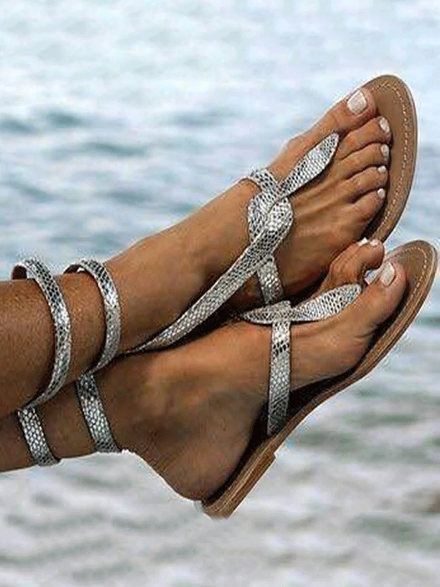 Animal Printed Flat Ankle Strap Peep Toe Casual Gladiator Sandals