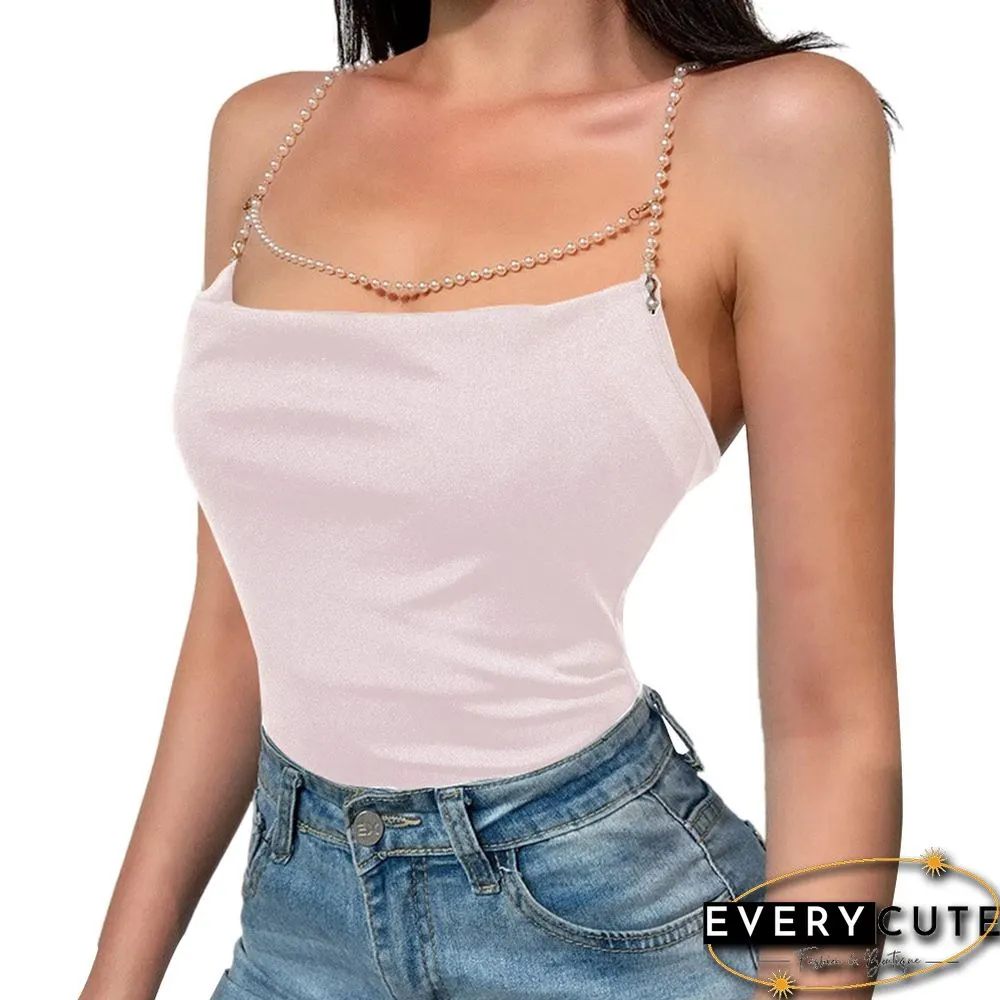 Womens Sexy Pearl Chain Solid Color Tank Top Sleeveless Backless Bodycon Cropped Camisole