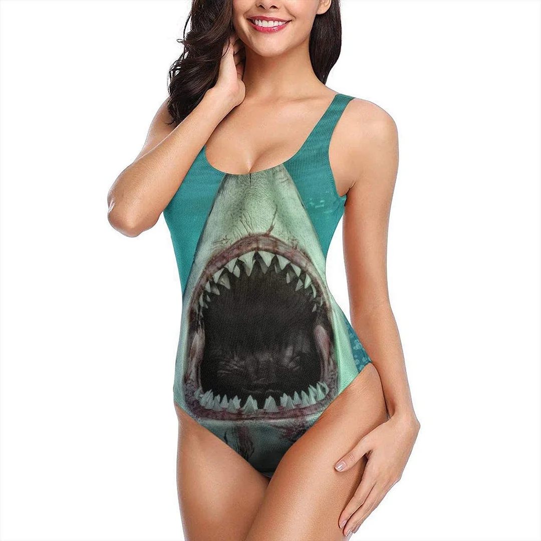 Women's Athletic One Piece Swimsuits Sexy Swimwear Funny 3D Shark Great White Bathing Suits