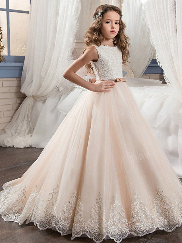 Oknass Ball Gown Sleeveless Jewel Neck Flower Girl Dresses Cotton With Bows Lace 