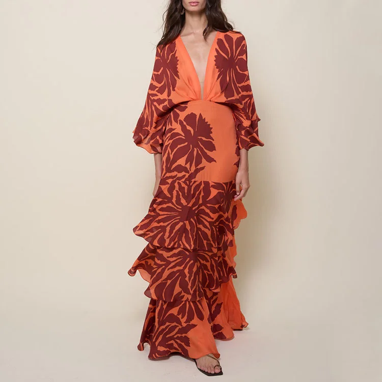 Ruffle Dolman Sleeve Printed Dress
