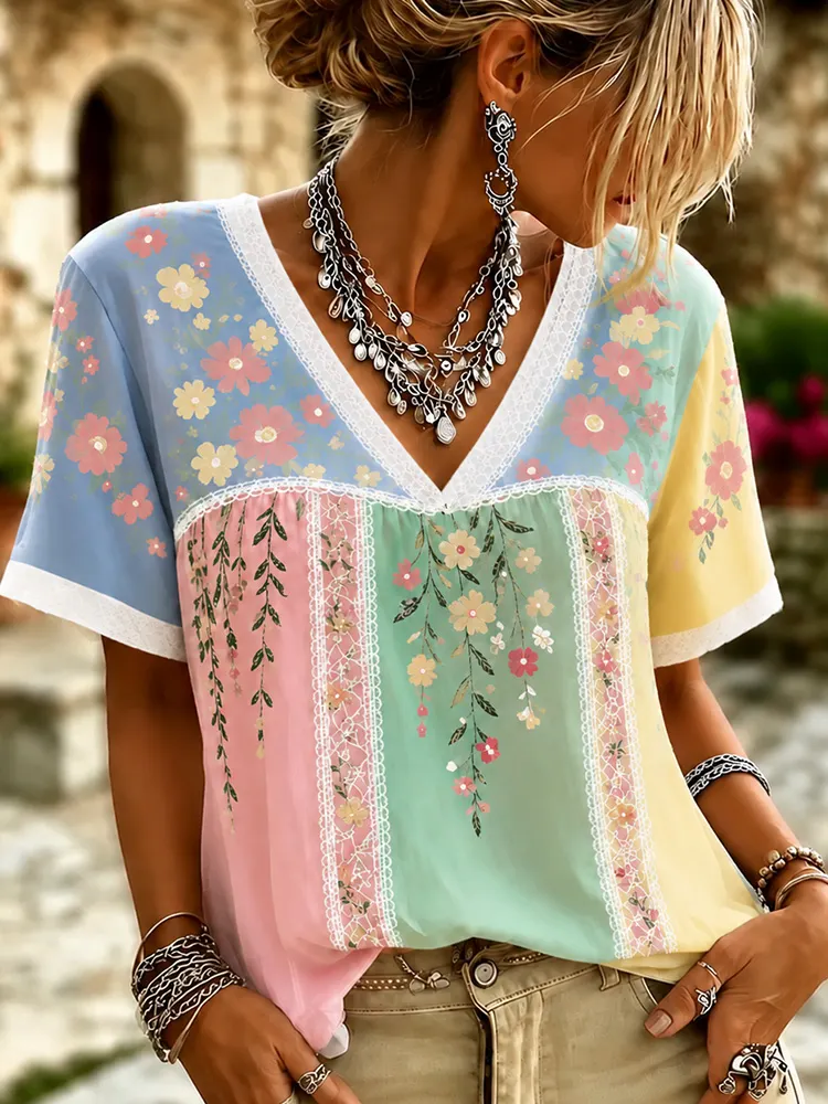 Women's Vintage Floral Vine Art Embroidered Patchwork Cotton And Linen Distressed V-neck Short Sleeve Top