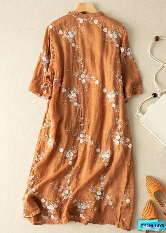 Vintage Orange Embroideried Chinese Button Patchwork Linen Dress Summer