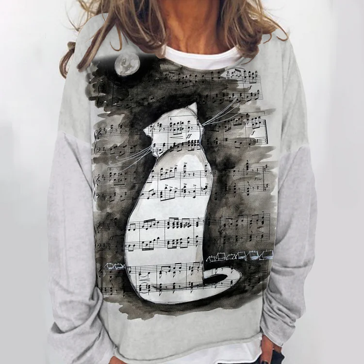 Casual Sheet Music Cat Print Round Neck Sweatshirt