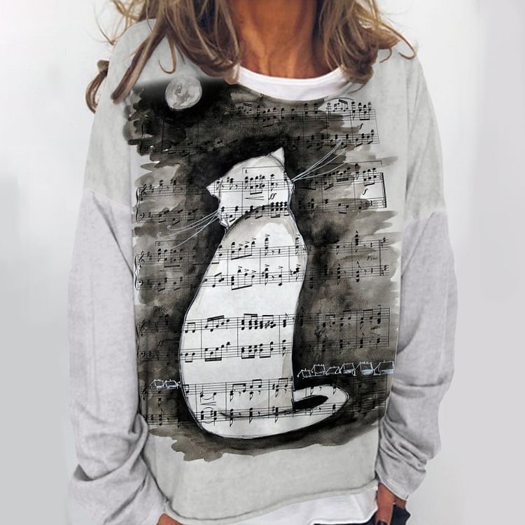 Comstylish Casual Sheet Music Cat Print Round Neck Sweatshirt