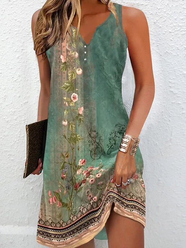 Split-Joint Floral Printed Sleeveless Plus Size V-neck Mini Dresses