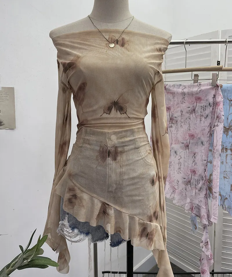 Brownm Purely Want A Word Shoulder Ink Print Tie-Dye Mesh Long-Sleeved Shirt Irregular Lotus Leaf Side Top 9936