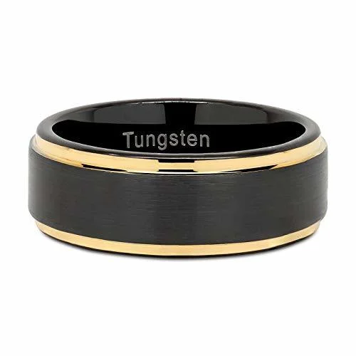 6MM 8MM Women's Or Men's Tungsten Carbide Wedding Rings 14K Yellow Gold and Black Side Stripes High Polish Comfort Fit