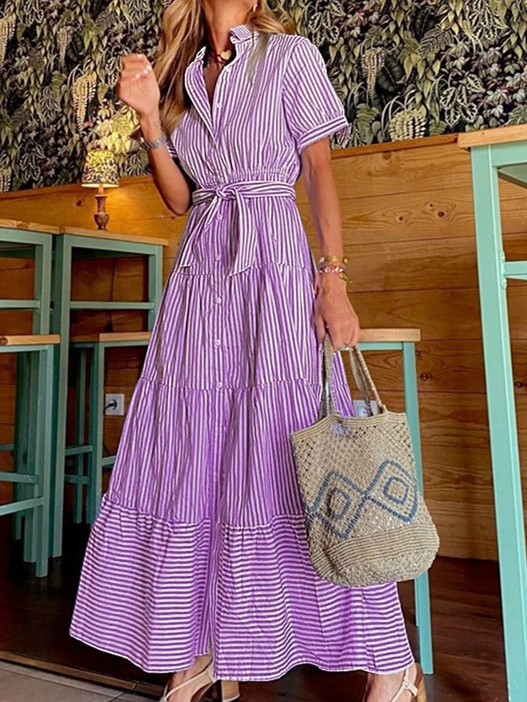 Toloer Toloer Spot 2024 New Fashion Stripe Short Sleeves Loose Medium And Long Dress-Outfit Ideas