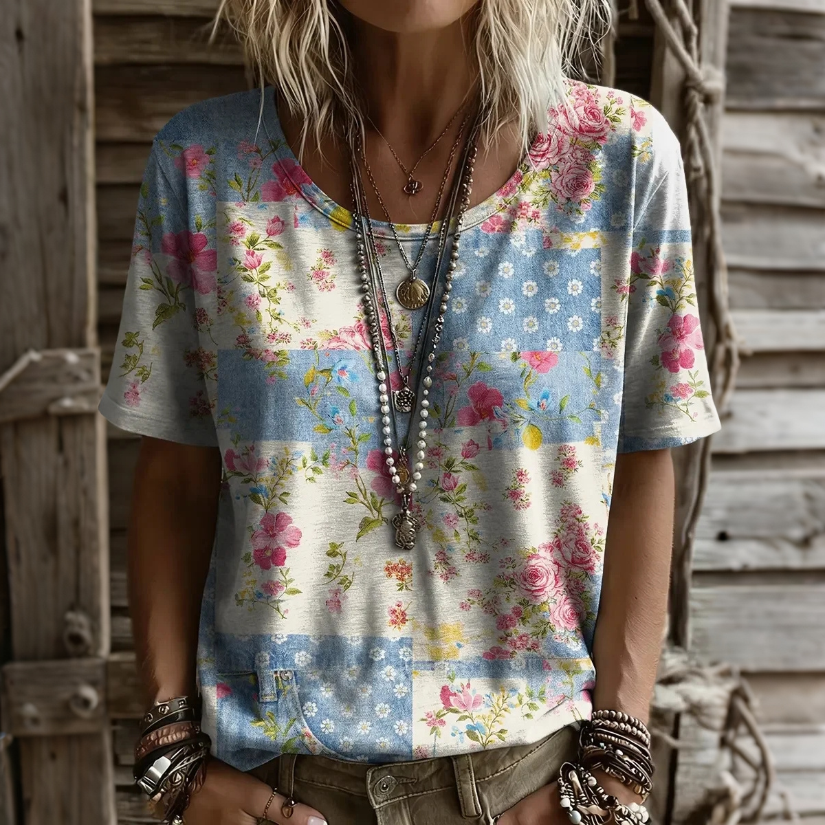 Comstylish Ethnicity Flowers Patchwork Women And Men's Vintage Art Print Casual T-shirt