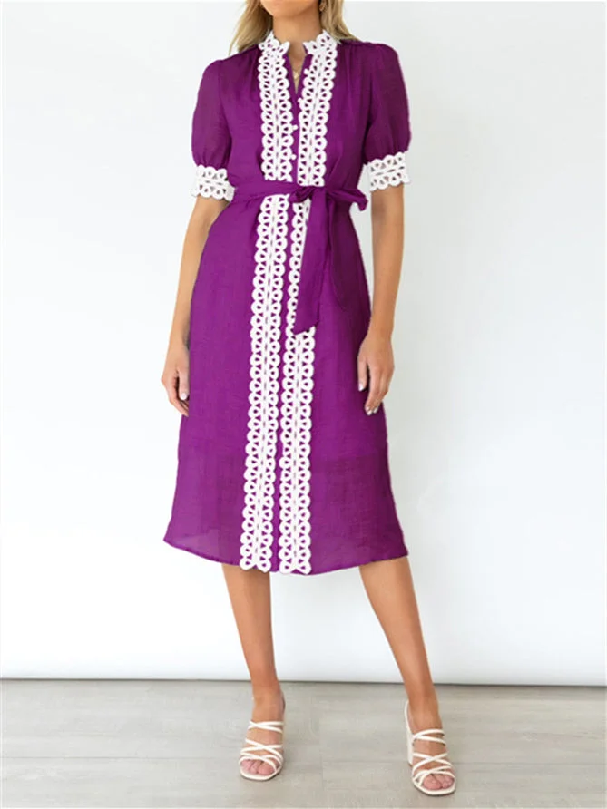 Women's Short Sleeve Scoop Neck Lace Stitching Midi Dress