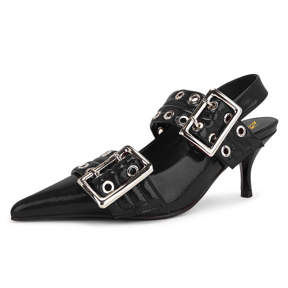 Trendy Kitten Heel Double Grommet Strap Slingback Black Pumps Nicepairs