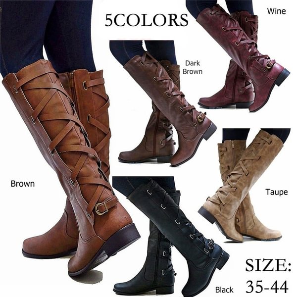 Women Fashion Winter Low Heel Belt Buckle Riding Leather Boots Knee High Cowboy Boot Plus Size （35-44） - Shop Trendy Women's Fashion | TeeYours