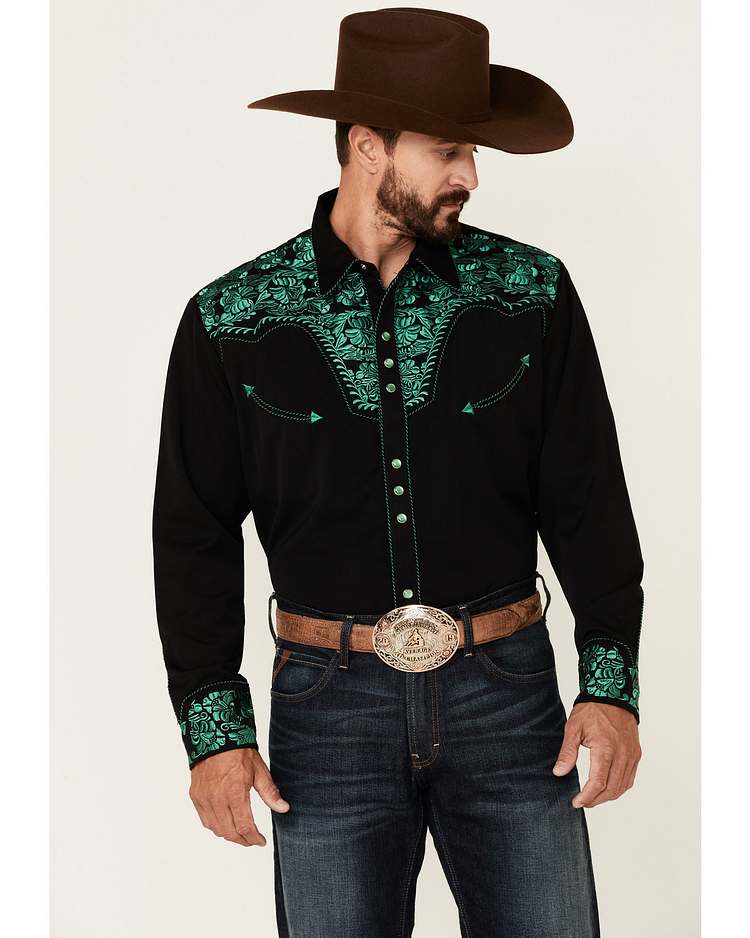 SCULLY MEN'S EMERALD EMBROIDERED GUNFIGHTER LONG SLEEVE SNAP WESTERN SHIRT