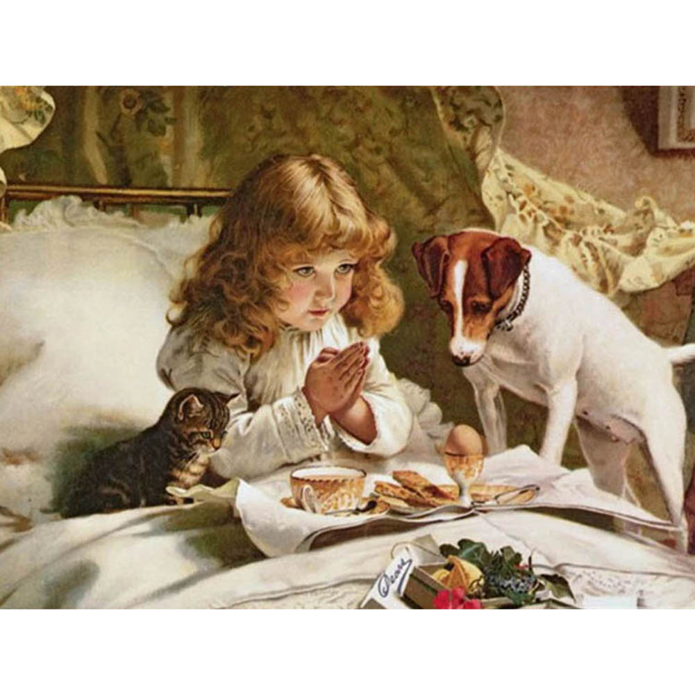 

40*30CM - Round Drill Diamond Painting - Dog Little Girl, 501 Original