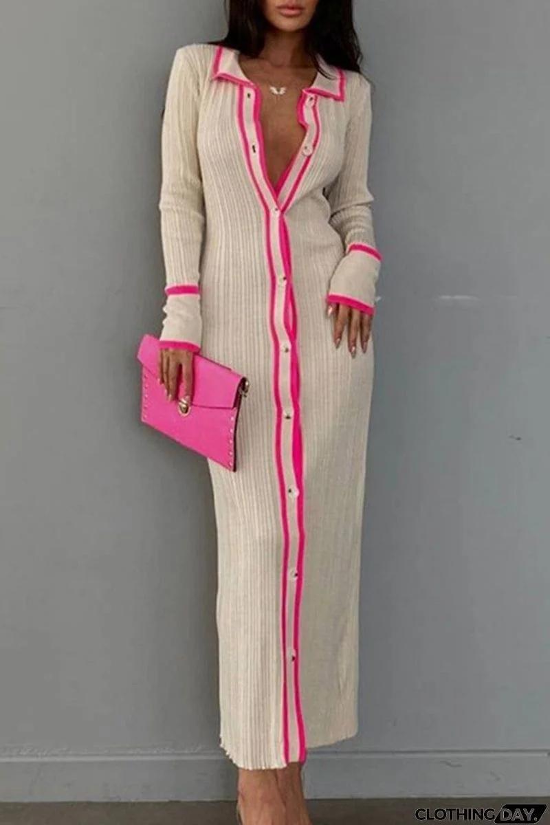 Sexy Casual Striped Contrast Turndown Collar Long Sleeve Dresses