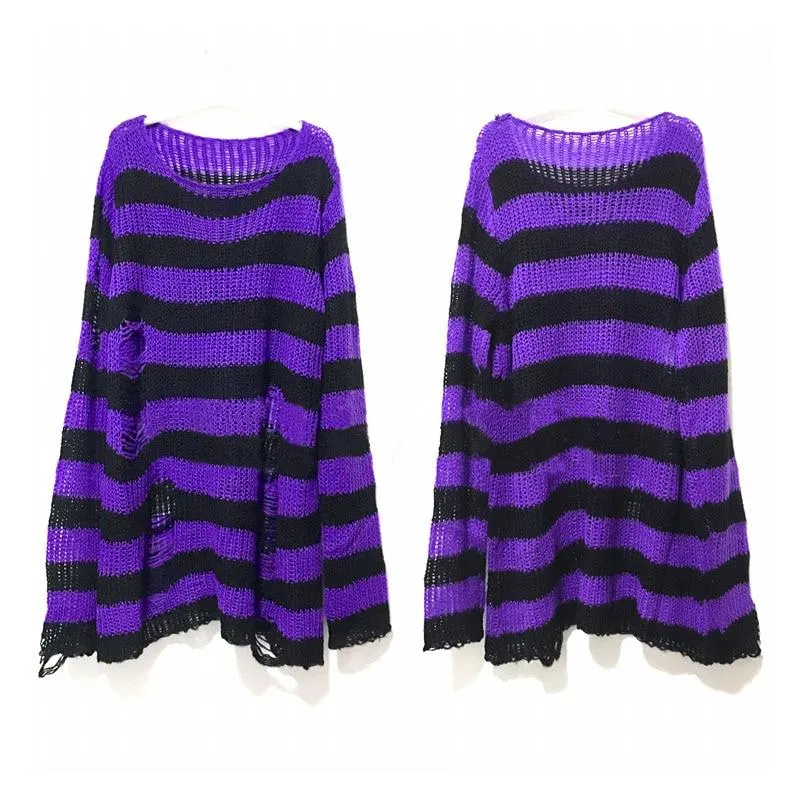 Punk Gothic Long Unisex Sweater 2020 Summer Women Striped Cool Hollow Out Hole Broken Jumper Loose Rock Thin Dark Streetwear Top 1029-1