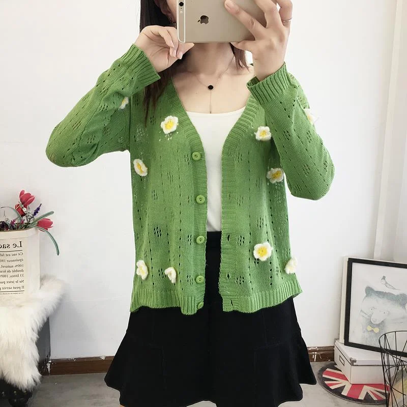 Cardigan Women Solid Appliques Flower Fashion Sweet V-neck Korean Style Chic Hollow Out Student All-match Sweater Outwear Casual
