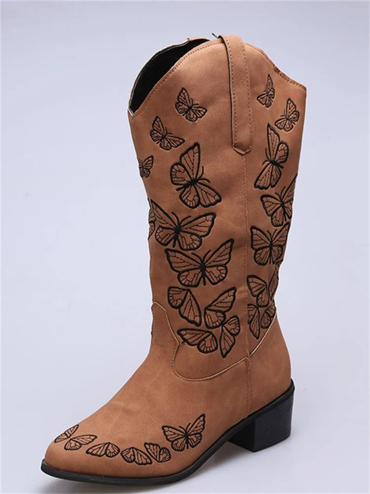 VChics Butterflies Embroidered Wide Calf Boots