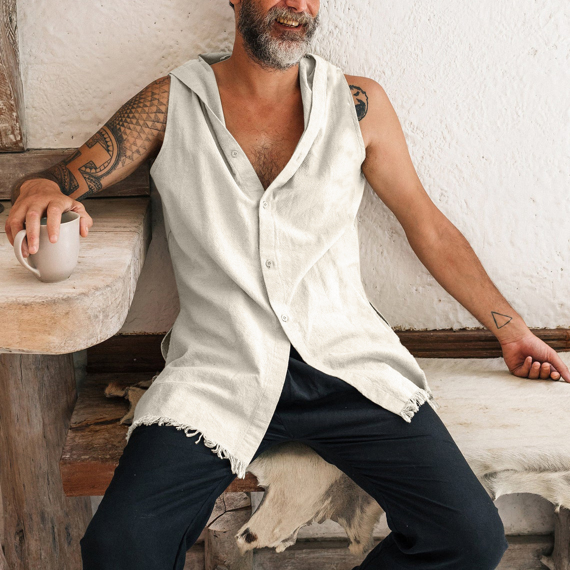 Sleeveless Hooded Multi-color Cotton And Linen Shirt Men