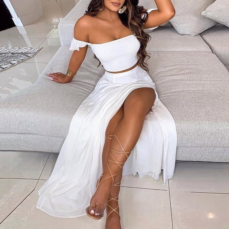 CM.YAYA Women Boho Elegant High Side Split Maxi Long Skirts Suit with Strapless Crop Tops Matching Two 2 Piece Set Outfits 2022