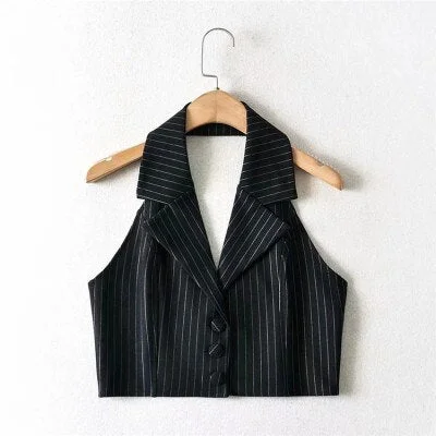 Women's Vest Blazers Striped Crop Tops and Blouses Single Breasted Sleeveless Femme Tanks Vintage Slim V neck Fashion Spring trf