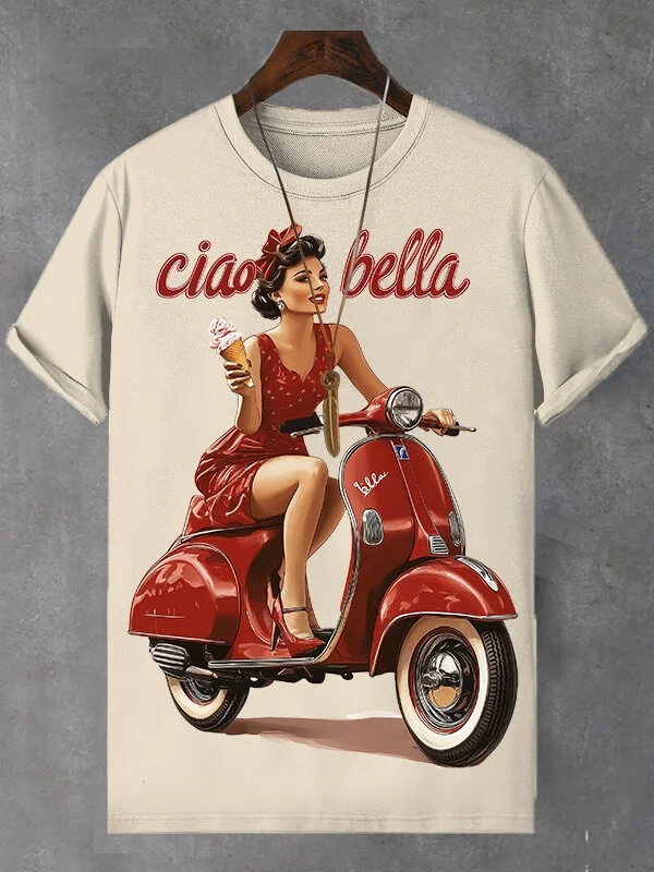 Men's Girl Moped Ciao Bella Travel Print Cotton Casual T-Shirt